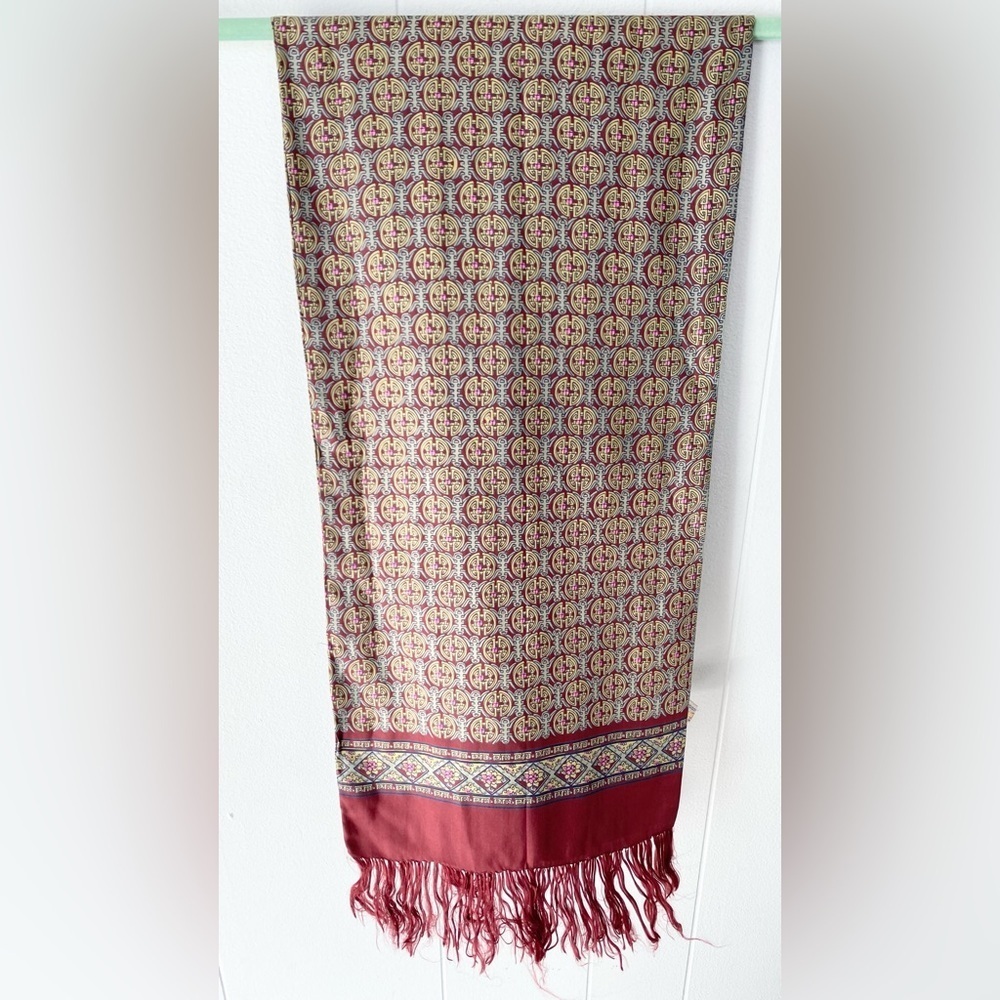 VTG 100% Silk Scarf Burgundy Yellow Pink Geo Rectangle Tassel Fringe 25” X 11 - Picture 11 of 12